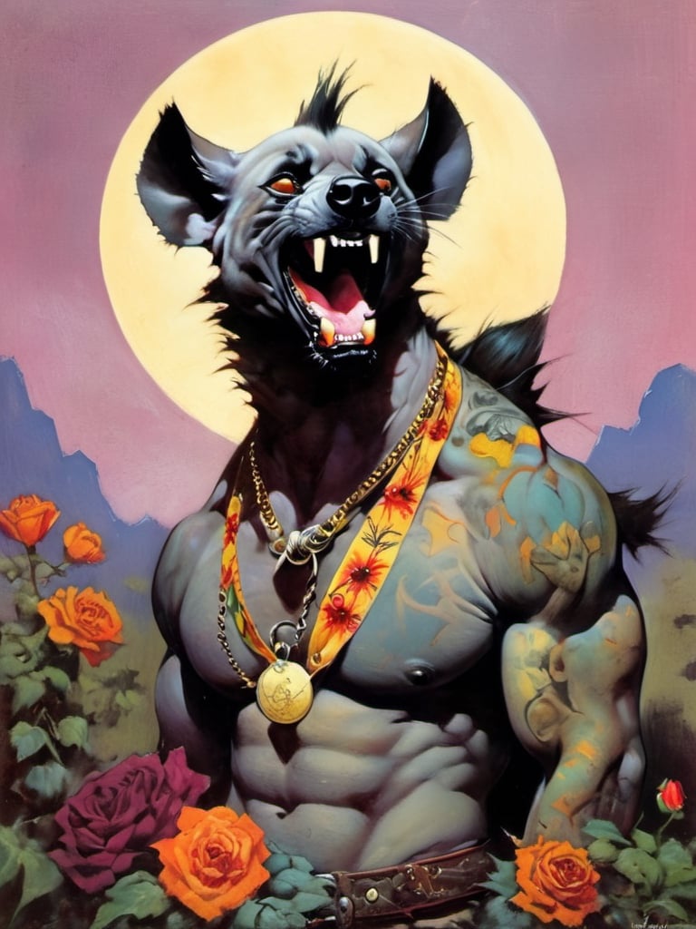 hip hyena growling, howling at the moon, Horror Comics style, art by brom, tattoo by ed hardy, shaved hair, neck tattoos andy warhol, heavily muscled, biceps,glam gore, horror, hyena , demonic, hell visions, demonic women, military poster style, chequer board, vogue bear portrait, Horror Comics style, art by brom, smiling, lennon sun glasses, punk hairdo, tattoo by ed hardy, shaved hair, neck tattoos by andy warhol, heavily muscled, biceps, glam gore, horror, poster style, flower garden,