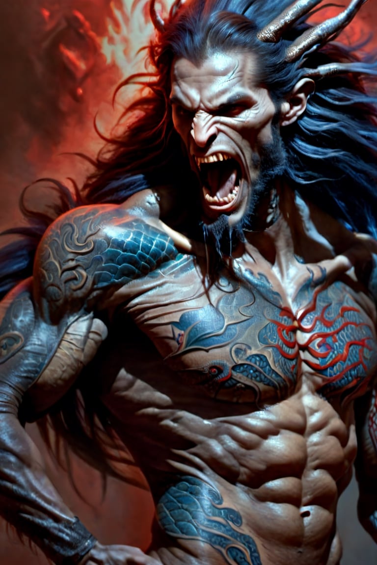 An sexy black african mans arm and shoulder, telephoto lens shot, man is staring at the viewer, raging, long hair, the arm and shoulder are  covered in a very detailed intricate red and blue dragon tattoo that is protruding outfrom the skin, coming alive, its screaming, scratching, similar to dragon tattoo by Boris Vallejo, slowly you see the small dragon tattoo in parts is coming out of the skin and becoming a real version of the tattoo, sticking out, scales, extended claws, 16K, movie still, cinematic, ,omatsuri,DonMn1ghtm4reXL