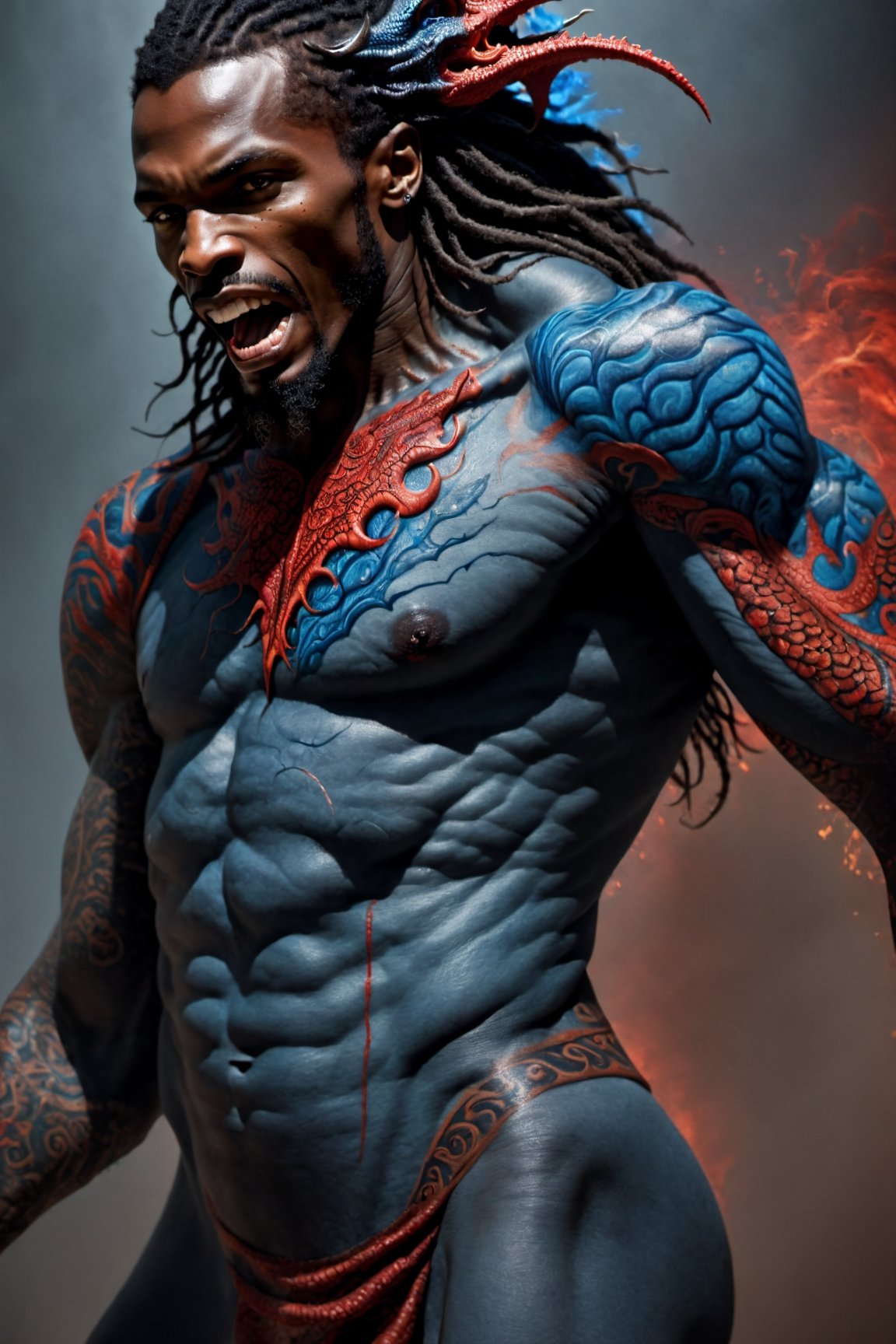 An sexy black african mans arm and shoulder, telephoto lens shot, man is staring at the viewer, raging, long hair, the arm and shoulder are  covered in a very detailed intricate red and blue dragon tattoo that is protruding outfrom the skin, coming alive, its screaming, scratching, similar to dragon tattoo by Boris Vallejo, slowly you see the small dragon tattoo in parts is coming out of the skin and becoming a real version of the tattoo, sticking out, scales, extended claws, 16K, movie still, cinematic, 