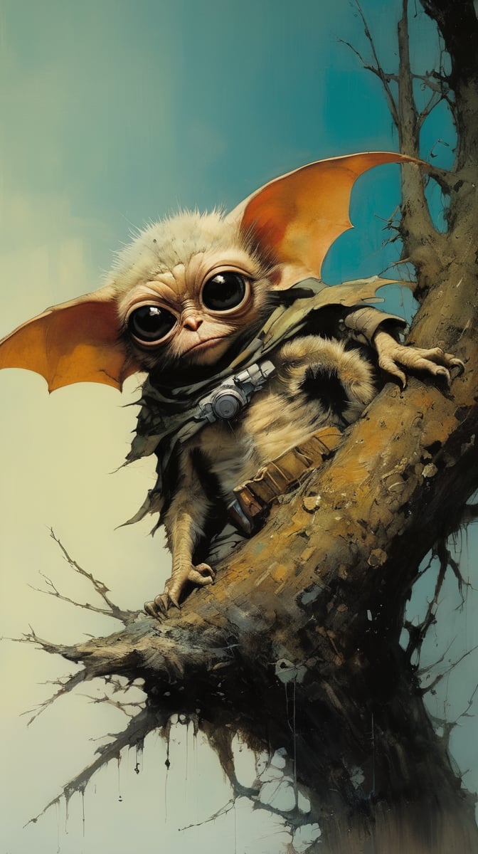 art by ralph steadman, art by brom, art by simon bisley, a masterpiece, ahighly detaikled, a star wars crearure, big boggly eyes, small dark pupil, bat like ears, short fluffy skin and fur, cling to a branch with small black scaley hands, sigma 1000 mm lens, f2.8, eyes in focus, 