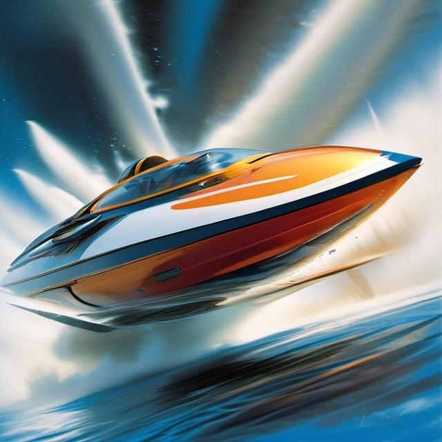 a futuristic concept speedboat , racing other speedboats, racing colours, racing numbers, rocket thrusters, outriggers, glass roofs, aerodynamic, struggling to win the race, art by glen keane, art by john Berkey, art by chris foss,  