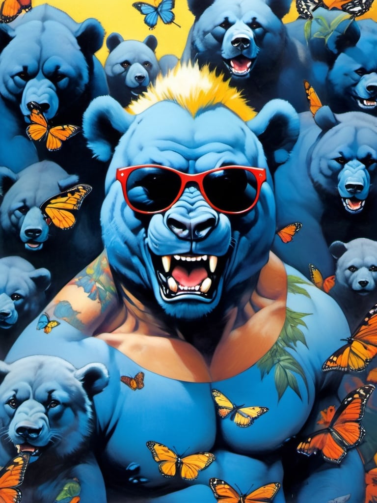 Blue bear with many baby bears, Horror Comics style, art by brom, tattoo by ed hardy, shaved hair, neck tattoos andy warhol, heavily muscled, biceps,glam gore, horror, blue bear, demonic, hell visions, demonic women, military poster style, chequer board, vogue bear portrait, Horror Comics style, art by brom, smiling, lennon sun glasses, punk hairdo, tattoo by ed hardy, shaved hair, neck tattoos by andy warhol, heavily muscled, biceps, glam gore, horror, poster style, flower garden, Easter eggs, coloured foil, oversized monarch butterflies, tropical fish, flower garden,