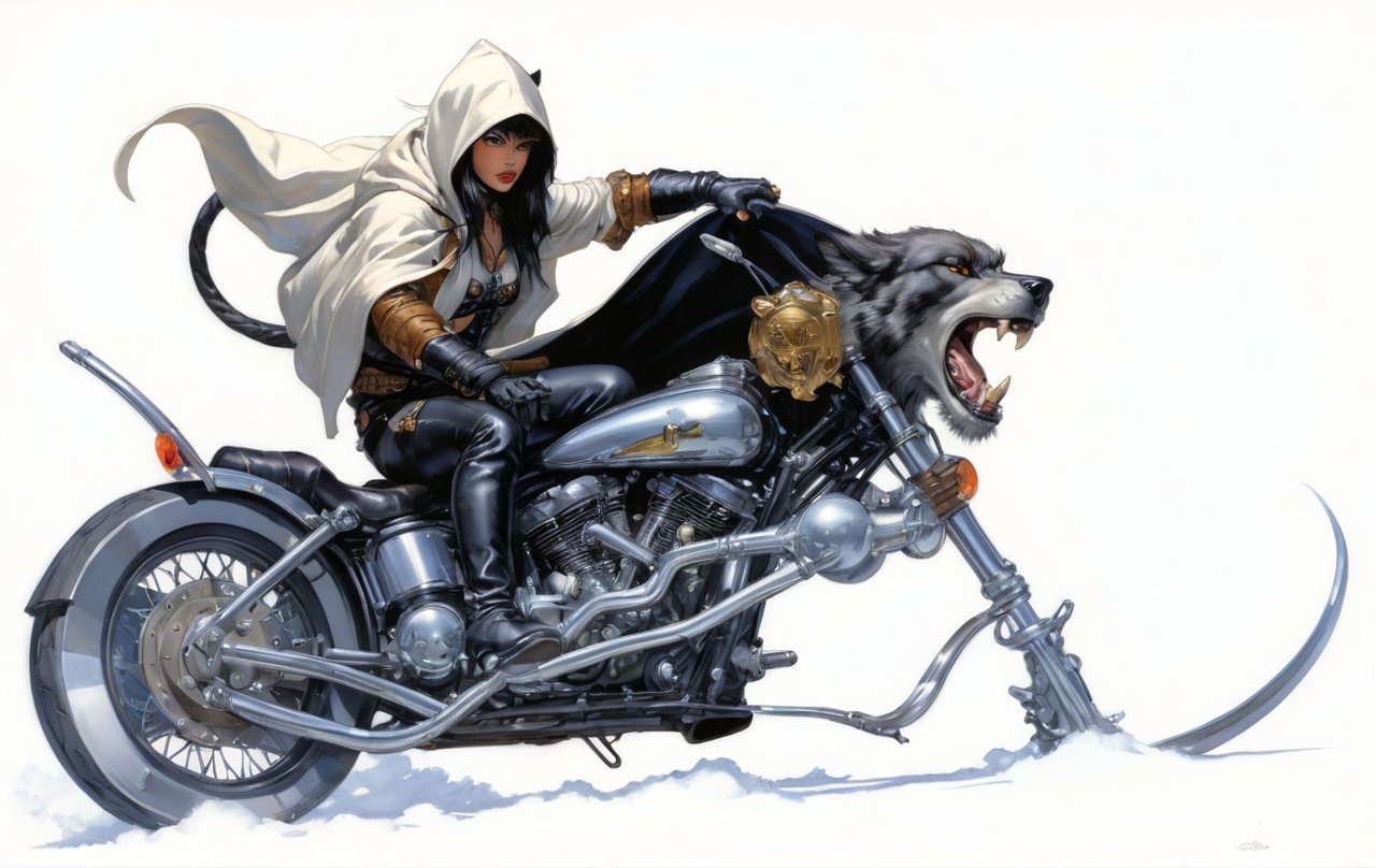 art by Masamune Shirow, art by J.C. Leyendecker, art by boris vallejo, art by brom, art by simon bisley, a masterpiece, a dude riding a hells harleydavidson, a hotted up sexy bike sled, a chrome wolf head styled fuel container, ape hanger handlebars, wearing a hooded cloak, looking fucking cool, 