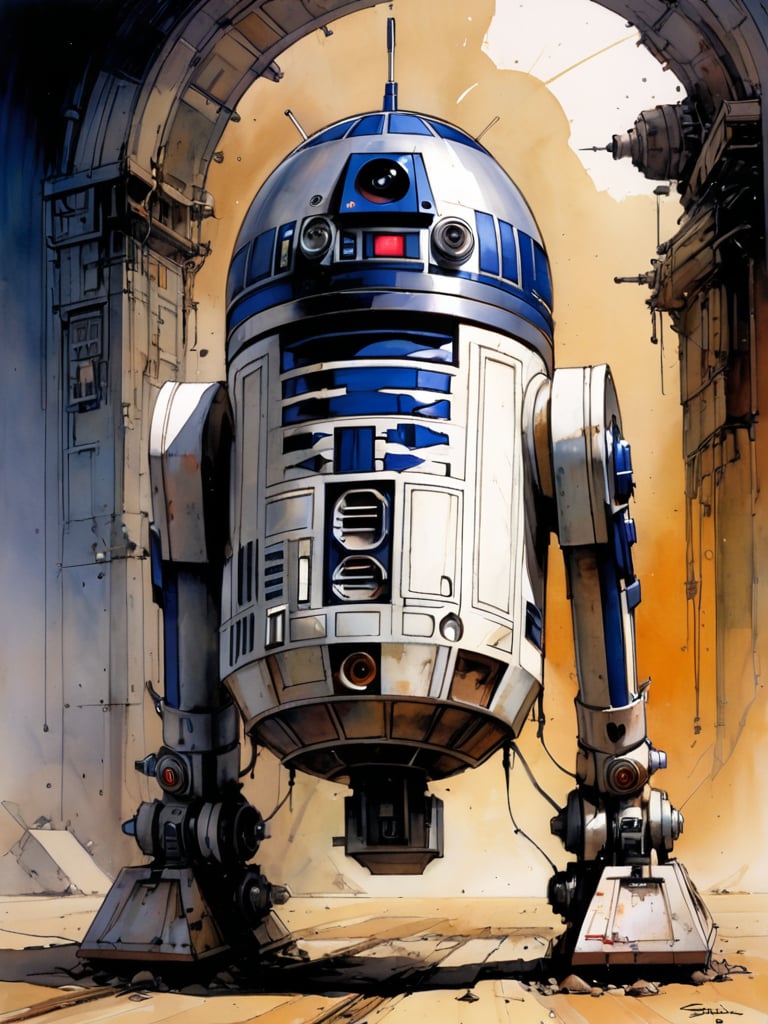 art by simon bisley, art by ralph steadman, a masterpiece, stunning detail, (((R2D2 the droid))), supreme leader of the empire,  a proud figure, superior in power, knowledge and might, 