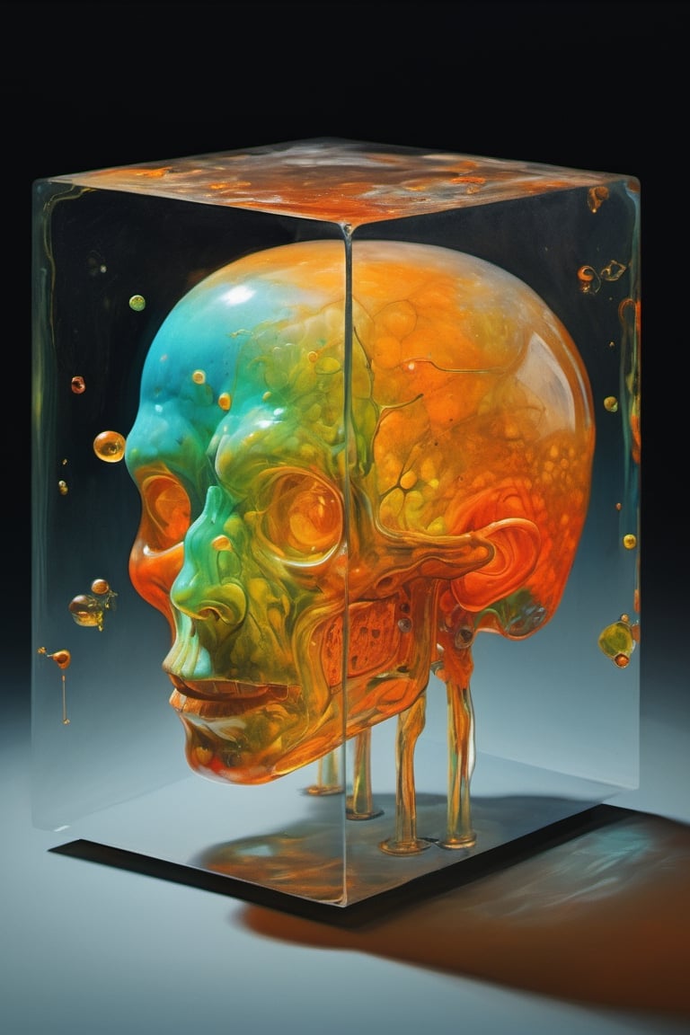 art by yashitomo nara, a transparent resin cube shaped head, stunning beauty, hyper-realistic oil painting, vibrant colors, dark chiarascuro lighting, a telephoto shot, 1000mm lens, f2,8,Vogue,more detail XL