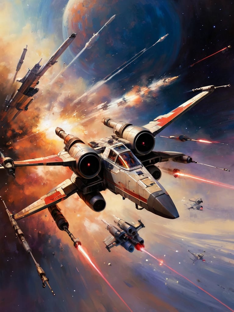 art by john berkey, a masterpiece, stunning detail, a rebellion X-Wing flying through the galaxy, firing red laser missiles 