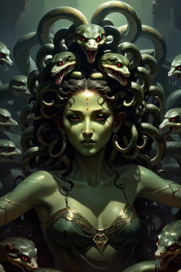 Generate a captivating digital artwork of Medusa with an abundance of snake heads adorning her head. Craft a scene that vividly showcases Medusa's captivating and eerie allure, highlighting the multitude of snake heads entwined in her hair. Utilize your artistic talents to bring to life the mythical character, Medusa, with a profusion of snake heads, each imbued with unique details and expressions. Create an image that captures the essence of this mythological figure, where the sheer number of snake heads adds to the sense of both fascination and fear.