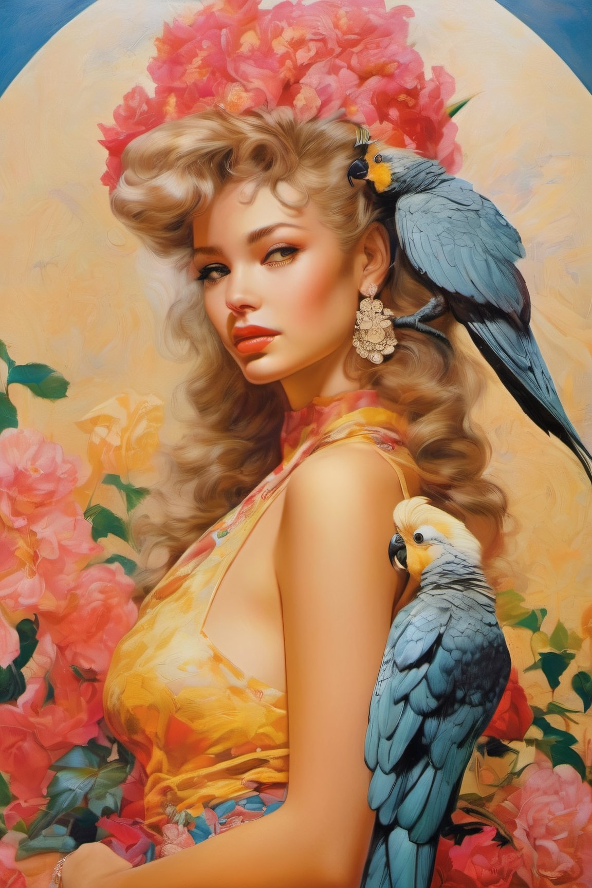 art by Masamune Shirow, art by J.C. Leyendecker, art by boris vallejo, a masterpiece, stunning beauty, hyper-realistic oil painting, vibrant colors, spanish women, 1950 art decor, 1950 art poster, black cockatoo, sulphur crested cockatoo, fashionistas, baroque style, art by armando huerta, art design by armando huertA,  tattoo by ed hardy, more detail XL,close up,Oil painting, 8k, highly detailed, Vogue style, a telephoto shot, 1000mm lens, f2,8,