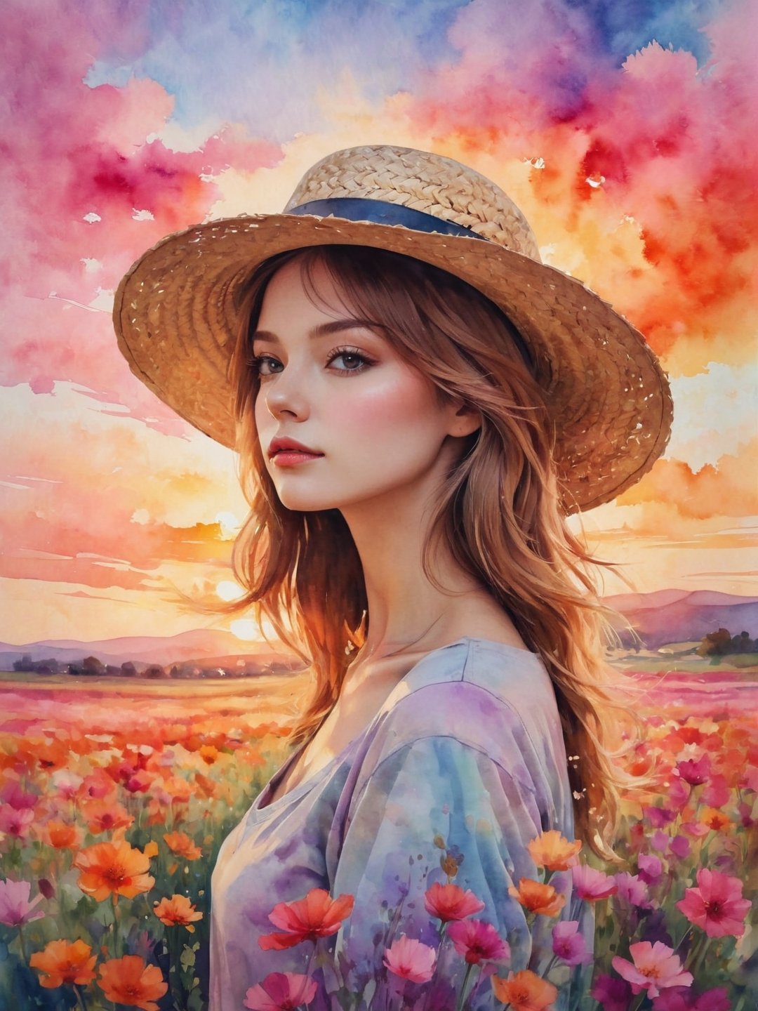 (double exposure of a woman wearing a straw hat and a field of flowers in a sunset:1.5), masterpiece, summer, (warm colors:1.4),impressionist painting, T-shirt design,illustration,art_booster