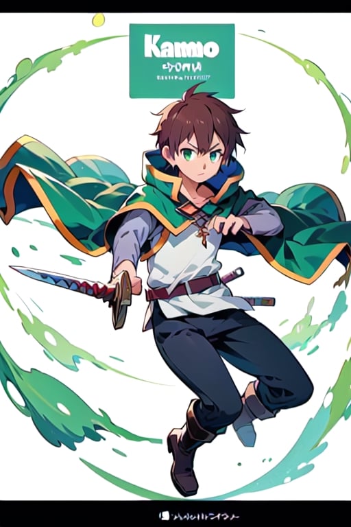 anime, kazuma, 1man, solo, brown hair, short hair, white shirt, pants, boots, green eyes, green cape, serious, sword, wowdk, swordup