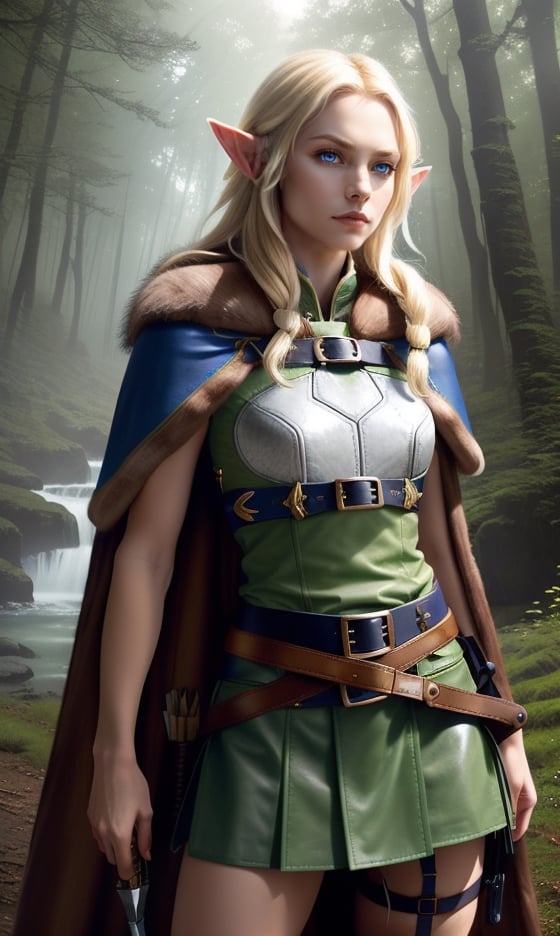 Photorealistic image ((Masterpiece)), ((high quality)) UHD 8K, of a beautiful girl, Viking elf warrior, slim, tall, (long elf ears), (medium chest), (skinny waist), (hair long blonde), (deep blue eyes), ((Leather armor with short green skirt and intricate details, Various belts at waist), (Arrow holster at waist), ((fur cape)), (on the forest), Natural lighting, professional DSLR camera,pikkyhighelf,high_elf_archer