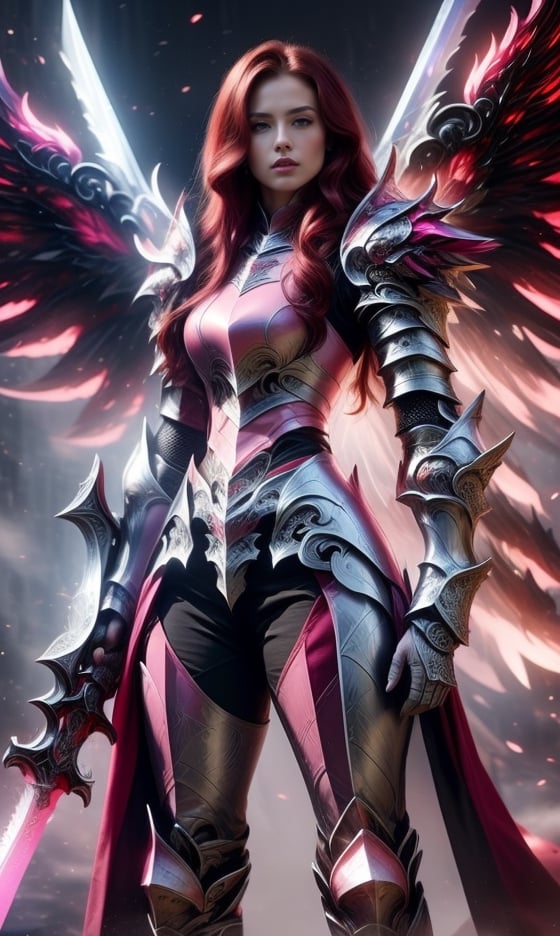 Character design, 1 girl, warrior of Xian, slim body, medium chest, skinny waist, ((long deep red hair)). blue eyes. (((pink fantasy a female knight in a pink full armor))), (((big pauldrons, intricate details))), (((large armor wings))), (((advanced weapon fantasy plasma sword in right hand))), (standing), (((front view))) plain gray background, masterpiece, HD high quality, 8K ultra high definition, ultra definition,