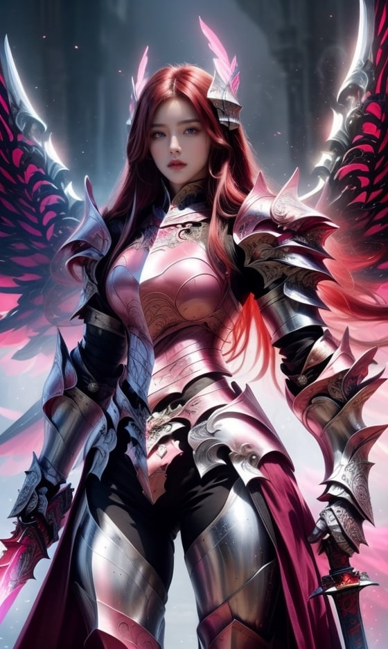 Character design, 1 girl, warrior of Xian, slim body, medium chest, skinny waist, ((long deep red hair)). blue eyes. (((pink fantasy a female knight in a pink full armor))), (((big pauldrons, intricate details))), (((large armor wings))), (((advanced weapon fantasy plasma sword in right hand))), (standing), plain gray background, masterpiece, HD high quality, 8K ultra high definition, ultra definition,