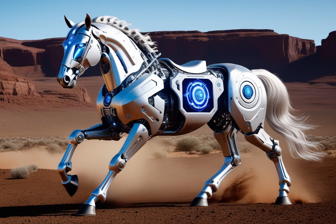 Super realistic image, NVIDIA RTX, super resolution, Unreal 5, Subsurface Dispersion, PBR Texturing, Post-processing, Maximum clarity and sharpness, Multi-layer textures, of (a realistic cyborg robot horse), full view mechanical body, neon blue eyes, (((horse shane gooseman cyborg robot, from Galaxy Rangers, intricate details))), (((in a wester setting)), (high quality, ultra-realistic scene, 8K RAW high definition)