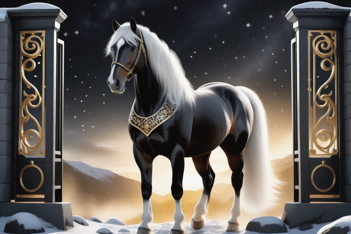 Hyperrealistic image ((masterpiece)) UHD 8K of Slepneir, Nordic mythological horse, (black color with micro stars), (white hair and big tail). ((8-legged horse)), (((four front legs and four hind legs))) (((in the gates of golden valhalla)))