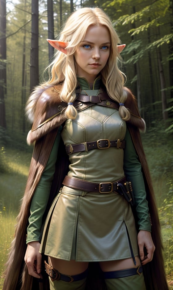 Photorealistic image ((Masterpiece)), ((high quality)) UHD 8K, of a beautiful girl, Viking elf warrior, slim, tall, (long elf ears), (medium chest), (skinny waist), (hair long blonde), (deep blue eyes), ((Leather armor with short green skirt and intricate details, Various belts at waist), (Arrow holster at waist), ((fur cape)), (on the forest), Natural lighting, professional DSLR camera,pikkyhighelf,high_elf_archer