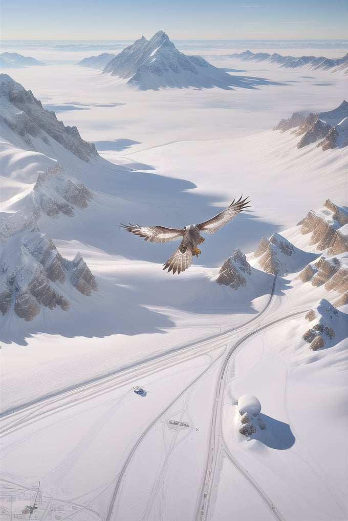 Photorealistic image, ((masterpiece, high quality of detail, UHD 8K)), of a realistic falcon in full flight, large wingspan, white feather color, flying over snowy mountains camera seen from the air, very sharp image