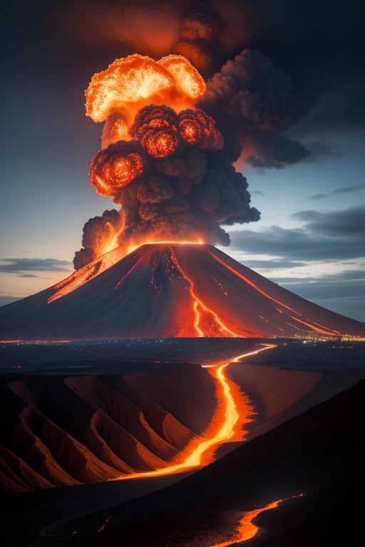 photorealistic image, ((masterpiece, high quality of detail, UHD 8K)), of a volcano in full eruption, making clouds of ash, magma lava and fireballs, on the slope of the volcano a fishing town in evacuation by the sea, camera view from the sea, very sharp image