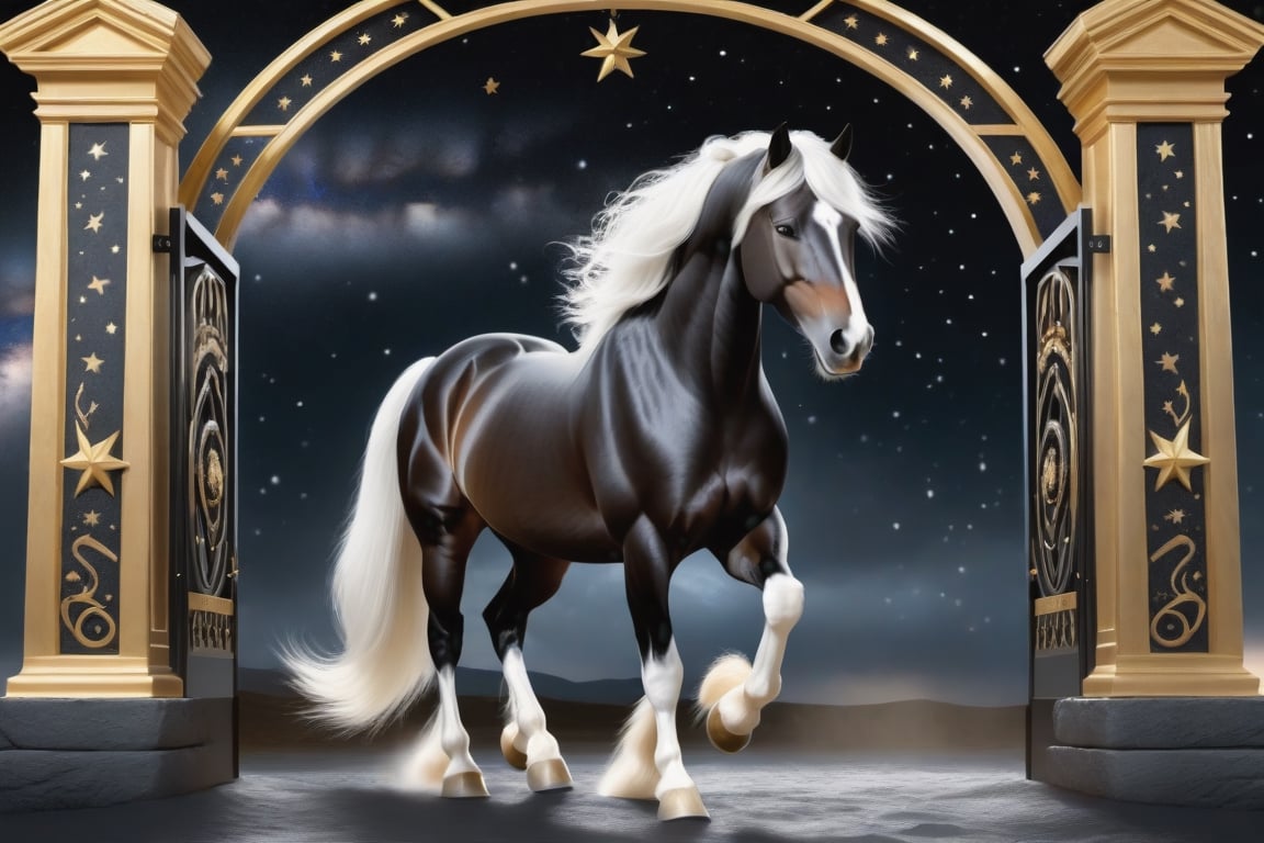 Hyperrealistic image ((masterpiece)) UHD 8K of Slepneir, Nordic mythological horse, (black color with micro stars), (white hair and big tail). (((8-legged horse))), (((four front legs and four hind legs))) (((in the gates of golden valhalla)))