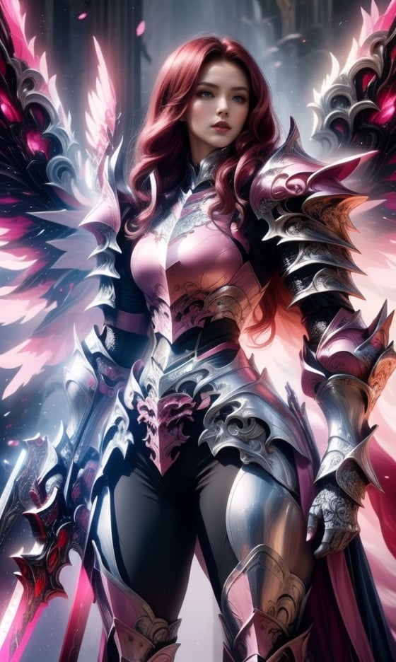 Character design, 1 girl, warrior of Xian, slim body, medium chest, skinny waist, ((long deep red hair)). blue eyes. (((pink fantasy a female knight in a pink full armor))), (((big pauldrons, intricate details))), (((large armor wings))), (((advanced weapon fantasy plasma sword in right hand))), (standing), plain gray background, masterpiece, HD high quality, 8K ultra high definition, ultra definition,