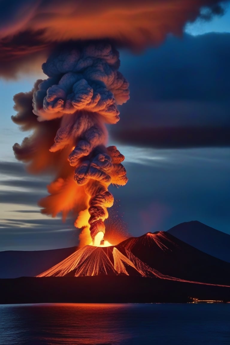 photorealistic image, ((masterpiece, high quality of detail, UHD 8K)), of a volcano in full eruption, making clouds of ash, magma lava and fireballs, on the slope of the volcano a fishing town in evacuation by the sea, camera view from the sea, very sharp image