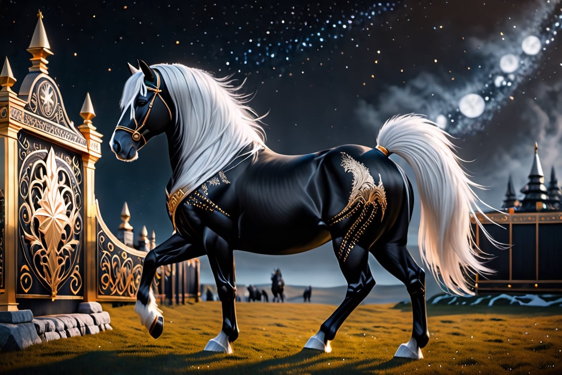 Hyperrealistic image ((masterpiece)) UHD 8K of Slepneir, Nordic mythological horse, (black color with micro stars), (white hair and big tail). (((8-legged horse))), (((four front legs and four hind legs))) (((in the gates of golden valhalla)))