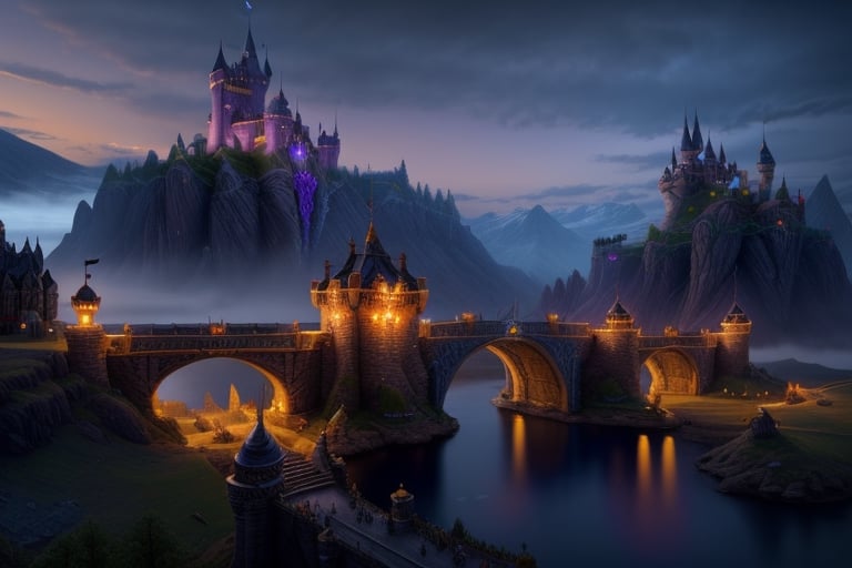 by day, epic fantasy castle, with bridge, torches along the bridge, (((an army of paladins guarding it))), realistic photography, masterpiece, high quality UHD 8K