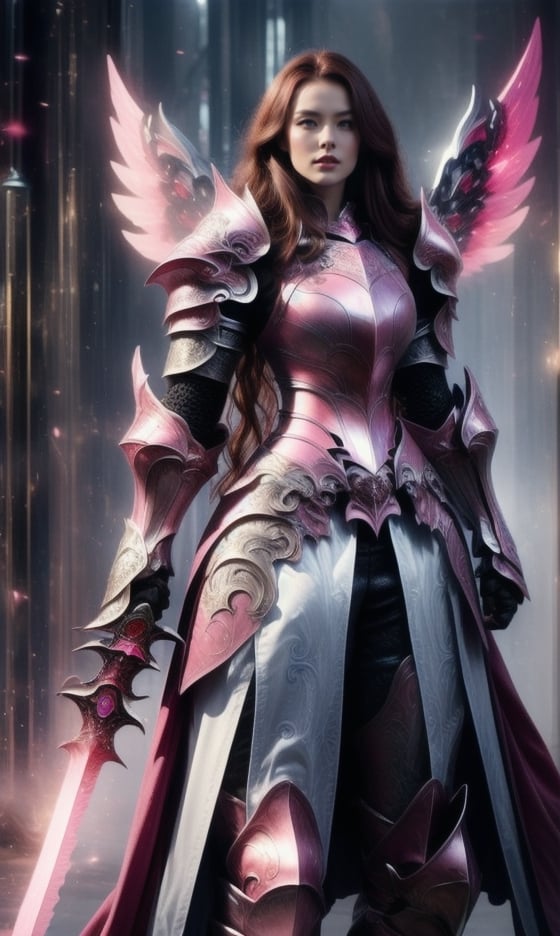 Character design, 1 girl, warrior of Xian, slim body, medium chest, skinny waist, ((long deep red hair)). blue eyes. (((pink fantasy a female knight in a pink full armor))), (((big pauldrons, intricate details))), (((large armor wings))), (((advanced weapon fantasy plasma sword in right hand))), (standing), plain gray background, masterpiece, HD high quality, 8K ultra high definition, ultra definition,