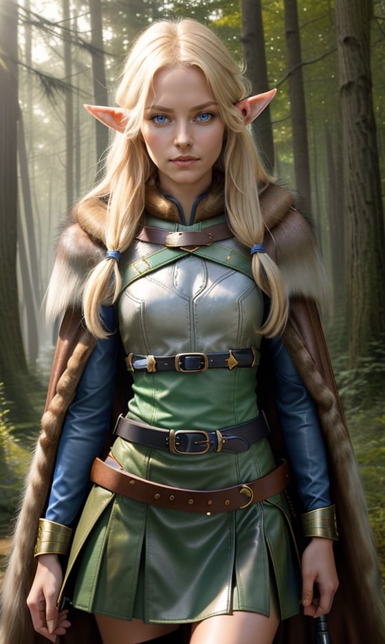 Photorealistic image ((Masterpiece)), ((high quality)) UHD 8K, of a beautiful girl, Viking elf warrior, slim, tall, (long elf ears), (medium chest), (skinny waist), (hair long blonde), (deep blue eyes), ((Leather armor with short green skirt and intricate details, Various belts at waist), (Arrow holster at waist), ((fur cape)), (on the forest), Natural lighting, professional DSLR camera,pikkyhighelf,high_elf_archer