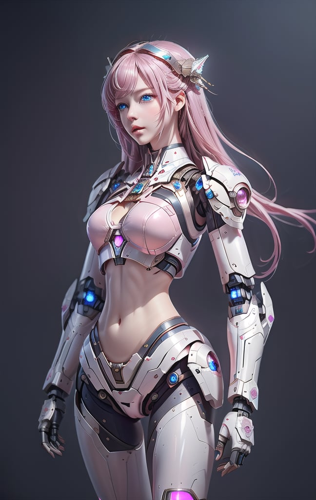 Photorealistic Image ((Masterpiece)), ((High Quality)) UHD 8K, of a Beautiful, Realistic Slim Lights Transforming Robot, (Medium Chest), (Skinny Waist), (Long pink Hair), (blue Eyes) , ((Hyper-realistic mecha armor, with pink metal and intricate ice white lights)), (in combat position, on a futuristic ship, science fiction), Photo realistic, Natural lighting, professional DSLR camera,mecha,mecha_girl_figure