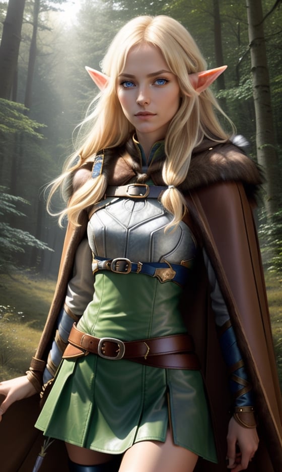 Photorealistic image ((Masterpiece)), ((high quality)) UHD 8K, of a beautiful girl, Viking elf warrior, slim, tall, (long elf ears), (medium chest), (skinny waist), (hair long blonde), (deep blue eyes), ((Leather armor with short green skirt and intricate details, Various belts at waist), (Arrow holster at waist), ((fur cape)), (on the forest), Natural lighting, professional DSLR camera,pikkyhighelf,high_elf_archer