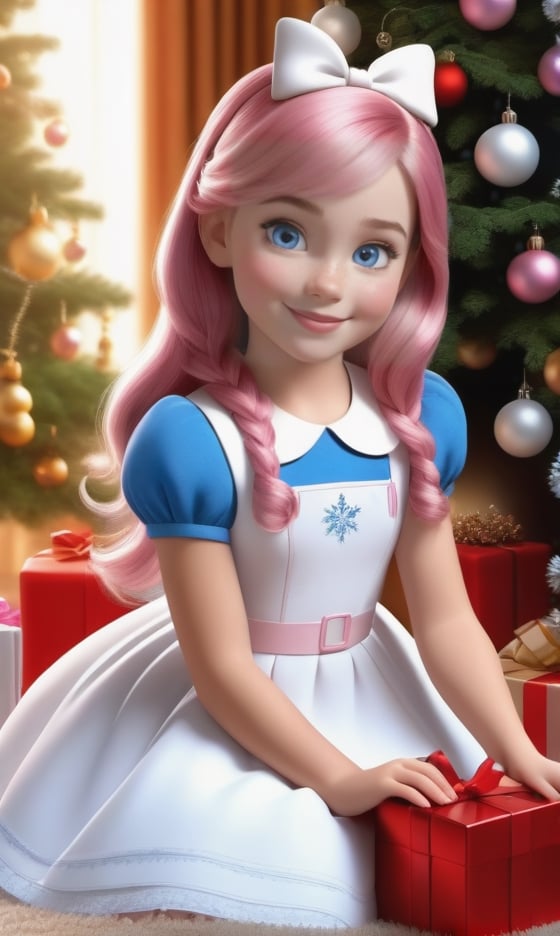 Super realistic 8K UHD image (((Masterpiece))), (((Best quality))), ((ultra definition)), of a beautiful and smiling 3d Disney girl, blue eyes. pink hair. little white dress, opening Christmas presents next to the tree in the living room, 1 excited girl, bright pretty face