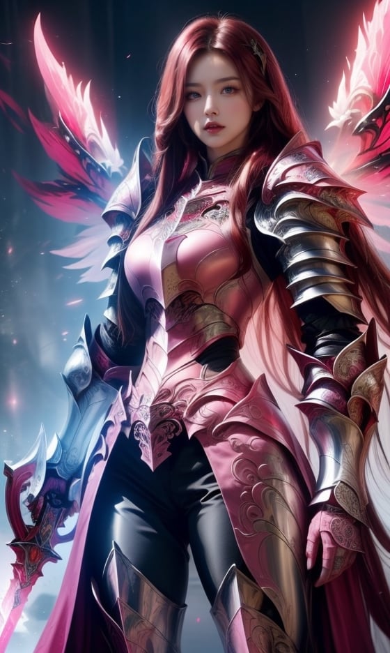 Character design, 1 girl, warrior of Xian, slim body, medium chest, skinny waist, ((long deep red hair)). blue eyes. (((pink fantasy a female knight in a pink full armor))), (((big pauldrons, intricate details))), (((large armor wings))), (((advanced weapon fantasy plasma sword in right hand))), (standing), plain gray background, masterpiece, HD high quality, 8K ultra high definition, ultra definition,