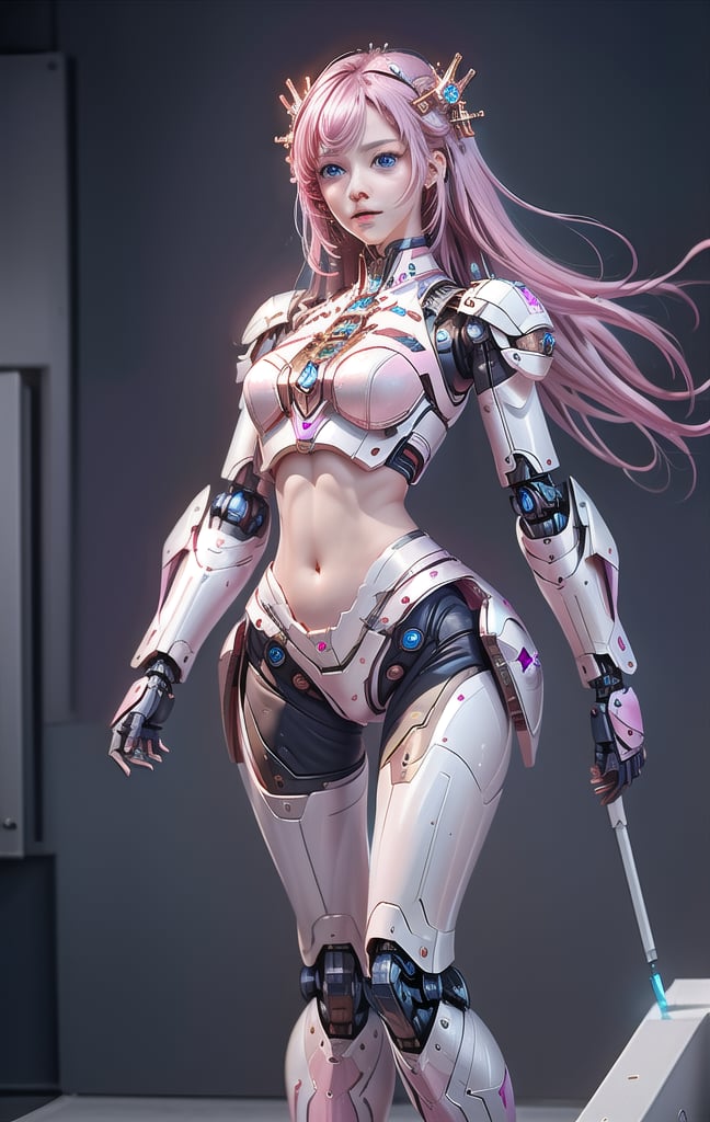 Photorealistic Image ((Masterpiece)), ((High Quality)) UHD 8K, of a Beautiful, Realistic Slim Lights Transforming Robot, (Medium Chest), (Skinny Waist), (Long pink Hair), (blue Eyes) , ((Hyper-realistic mecha armor, with pink metal and intricate ice white lights)), (in combat position, on a futuristic ship, science fiction), Photo realistic, Natural lighting, professional DSLR camera,mecha,mecha_girl_figure