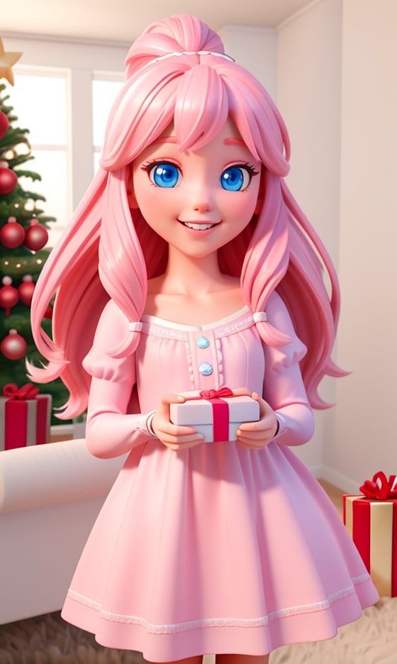 Super realistic 8K UHD image (((Masterpiece))), (((Best quality))), ((ultra definition)), of a beautiful and smiling 3d Disney girl, blue eyes. pink hair. little white dress, opening Christmas presents next to the tree in the living room, 1 excited girl, bright pretty face