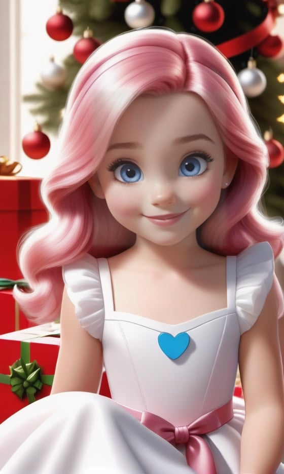 Super realistic 8K UHD image (((Masterpiece))), (((Best quality))), ((ultra definition)), of a beautiful and smiling 3d Disney girl, blue eyes. pink hair. little white dress, opening Christmas presents next to the tree in the living room, 1 excited girl, bright pretty face