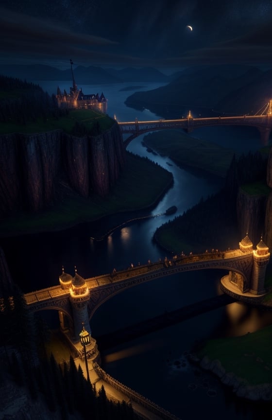 at night, epic fantasy castle, with bridge, torches along the bridge, a river, (an army of paladins guarding it), moonlit, realistic photography, masterpiece, high quality UHD 8K