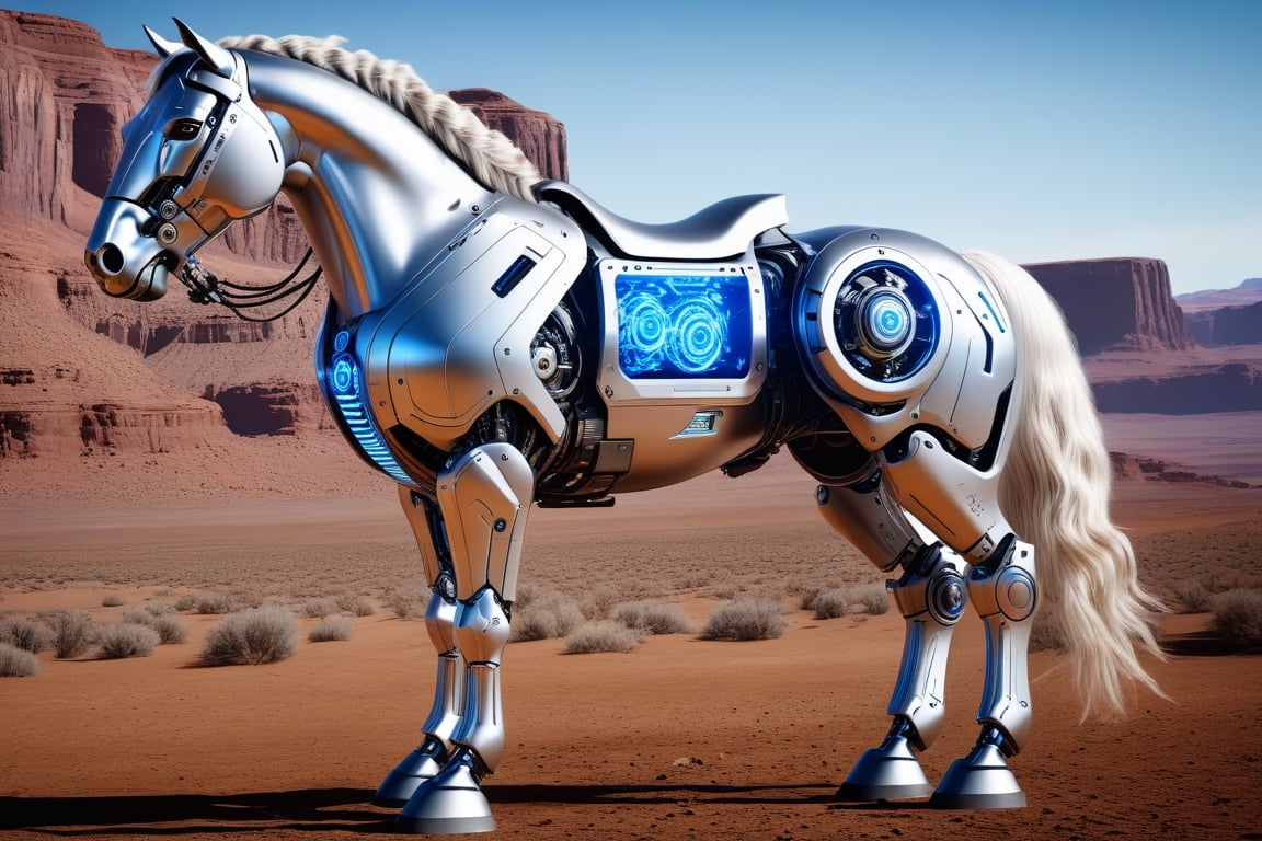 Super realistic image, NVIDIA RTX, super resolution, Unreal 5, Subsurface Dispersion, PBR Texturing, Post-processing, Maximum clarity and sharpness, Multi-layer textures, of (a realistic cyborg robot horse), full view mechanical body, neon blue eyes, (((horse shane gooseman cyborg robot, from Galaxy Rangers, intricate details))), (((in a wester setting)), (high quality, ultra-realistic scene, 8K RAW high definition)