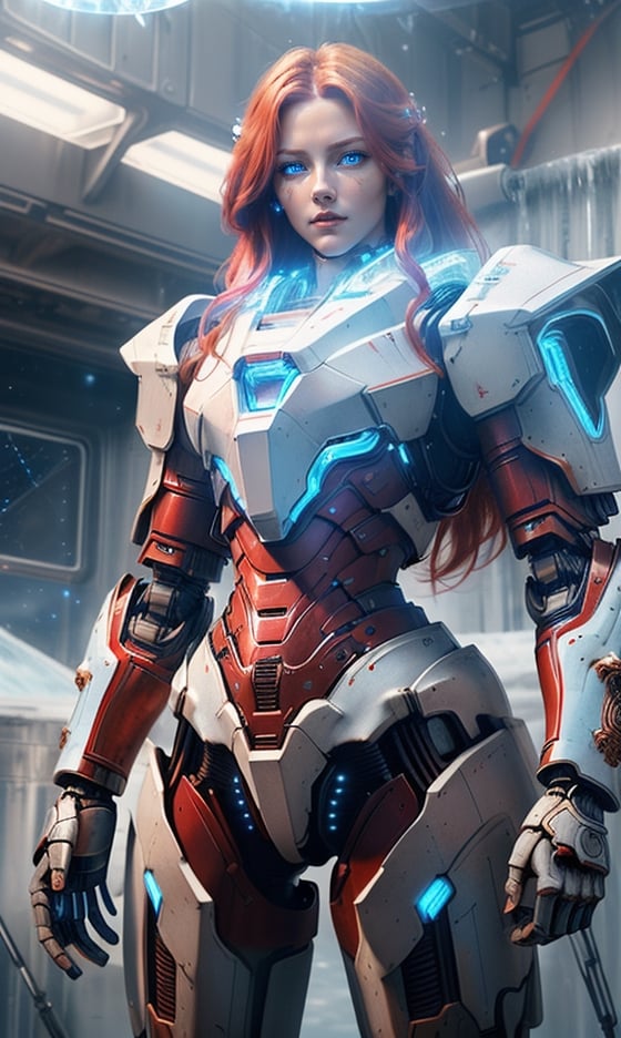 Photorealistic image ((Masterpiece)), ((high quality)) UHD 8K, of a beautiful, slim and realistic mecha transforming Robot, (medium chest), (skinny waist), (long red hair), (blue eyes), ((Hyper-realistic mecha armor, with red metal and intricate ice blue lights)), (in combat position, in a futuristic ship, science fiction