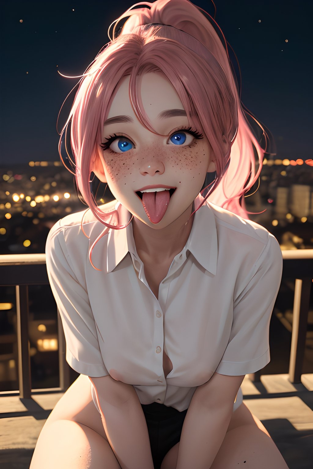 highres, masterpiece, perfect lighting, bloom, night, dark, cinematic lighting, adult, female, looking at viewer, portrait, upper body, city background, night background, nude, naked, breasts, nipples, vivid blue eyes, thick eyebrows, freckles, bangs, black hair:pink hair, long flowing hair, ponytail, :), smile, ahegao,tongue out, wearing white shirt, arms together, rolling eyes, arm between thighs, sitting