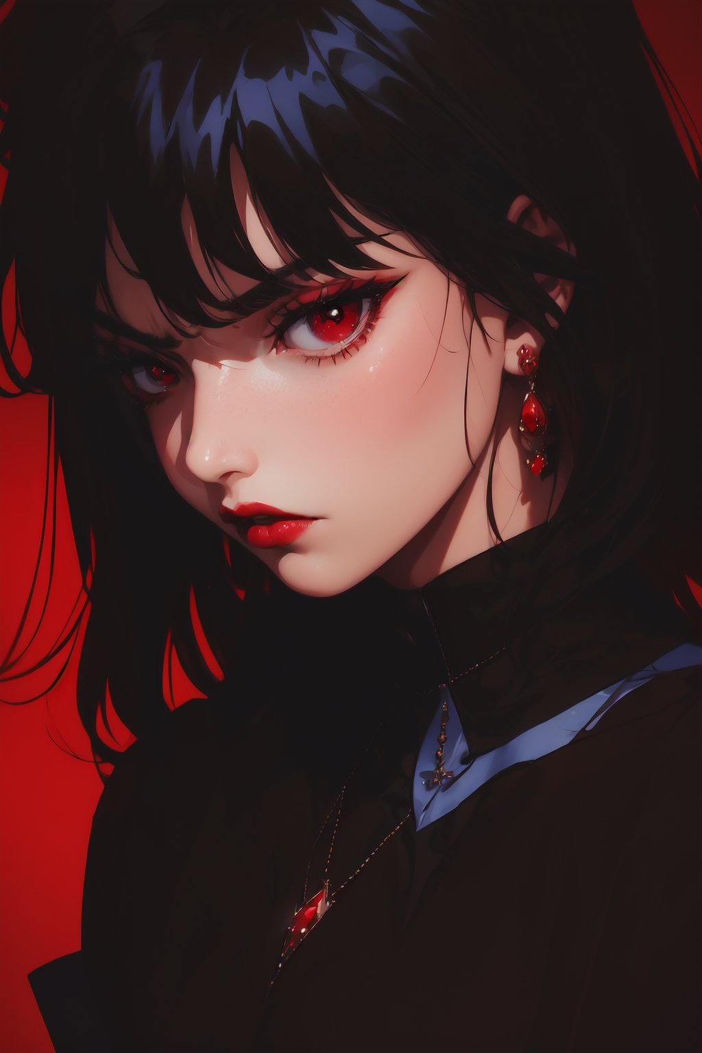 bznoir, 1girl, solo, looking at viewer, short hair, bangs, black hair, red eyes, jewelry, upper body, earrings, gradient background, makeup, lipstick, red background, red lips, tomoe hotaru, (annoyed, angry:1.2)