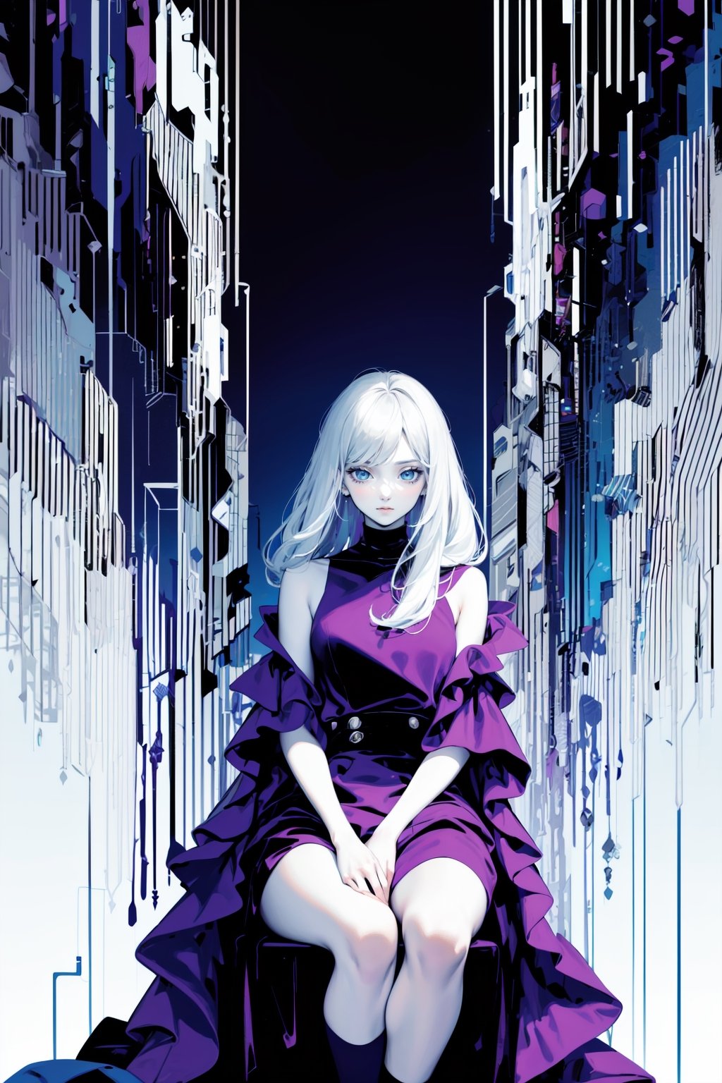 (masterpiece, top quality, best quality, official art, beautiful and aesthetic:1.2), (1girl:1.3), (glitch art:1.2), (bzillust), poping colors, (digital distortion), distortion effect:1.4, pixelated fragments, data corruption:1.2,colorful noise:1.4, visual chaos,contemporary aesthetics, sitting, latex skirt:1.2,anime, cowboy shot, (hands between thighs:1.2)