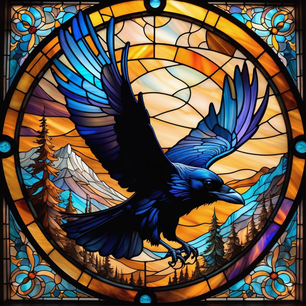 ultrawide shot of an image of a flying Raven on a stained glass window, in the style of colorful moebius, light amber, i can't believe how beautiful this is, elaborate landscapes, datamosh, expansive, hurufiyya