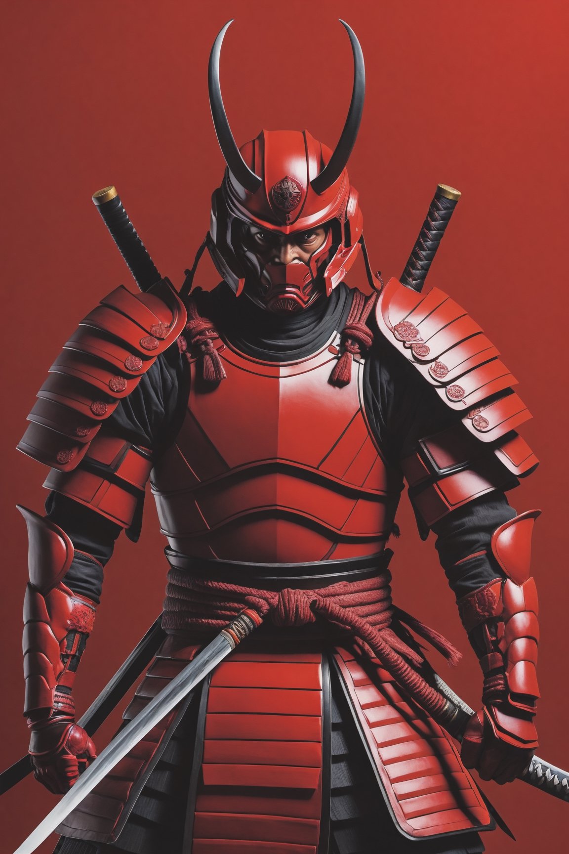 Utlrawide shot Photo realistic image a red samurai with strong body looking like a red hornet, contrasting background,photo r3al