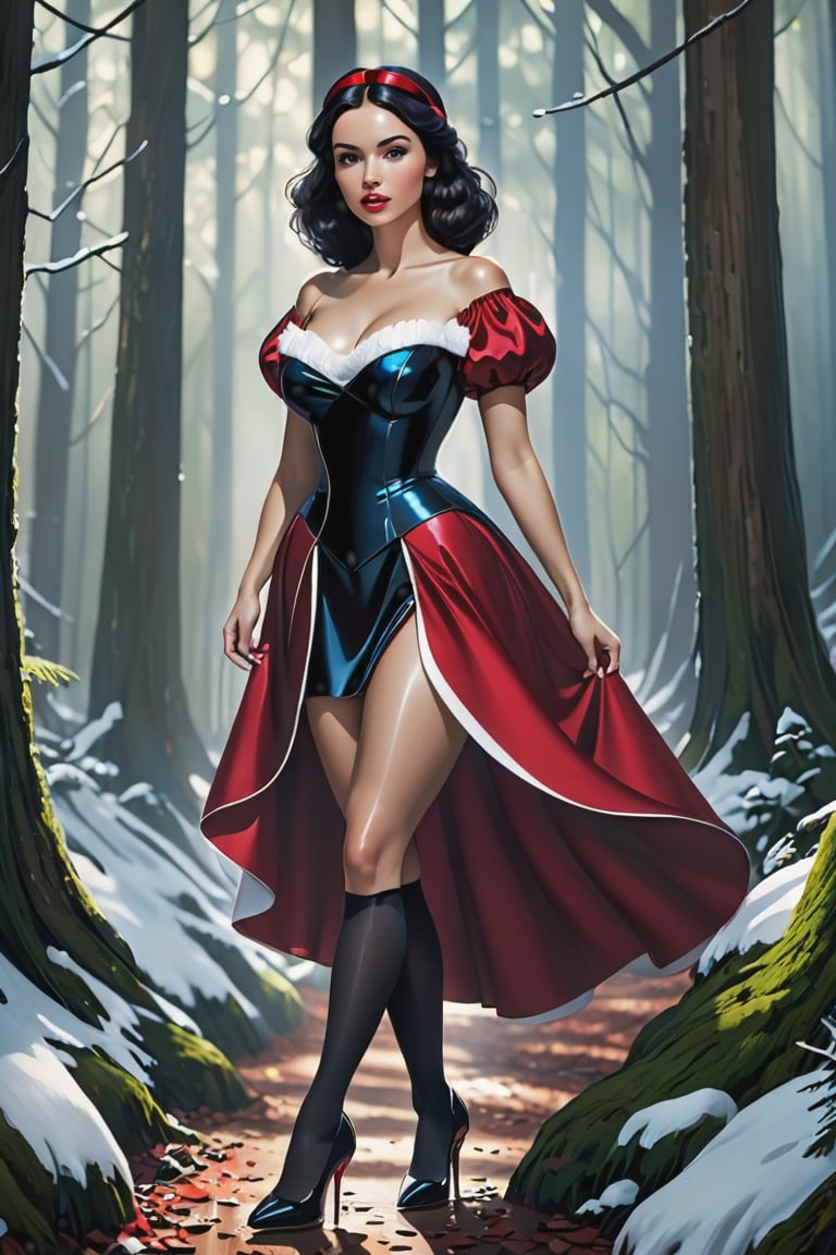 woman as snowwhite in the style of jessica rossier, scott rohlfs, rodenstock imagon 300mm f/5.8, john butler yeats, dark red, very long legs, very short dress, white nylons, black high heels, wavy, strong facial expression in a dark forest, cyberpunk, very large breasts