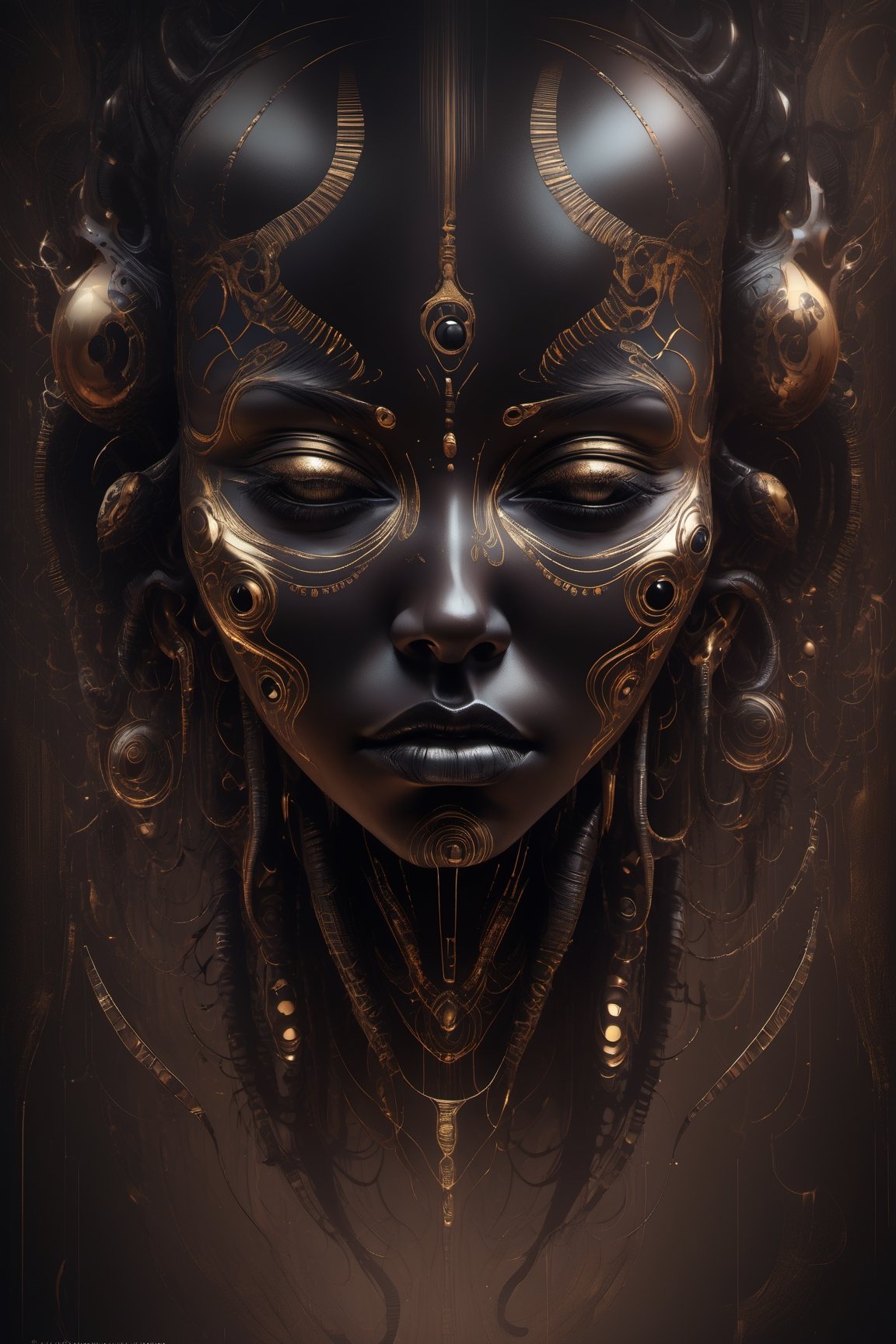 a black and Dark Gold tribal face with Tribal on it, in the style of futuristic space elements Scorn glamour, animated gifs, stefan gesell, algorithmic artistry, android jones, tim hildebrandt, pop art with a dark sine of the moon Scorn Hr Giger 
