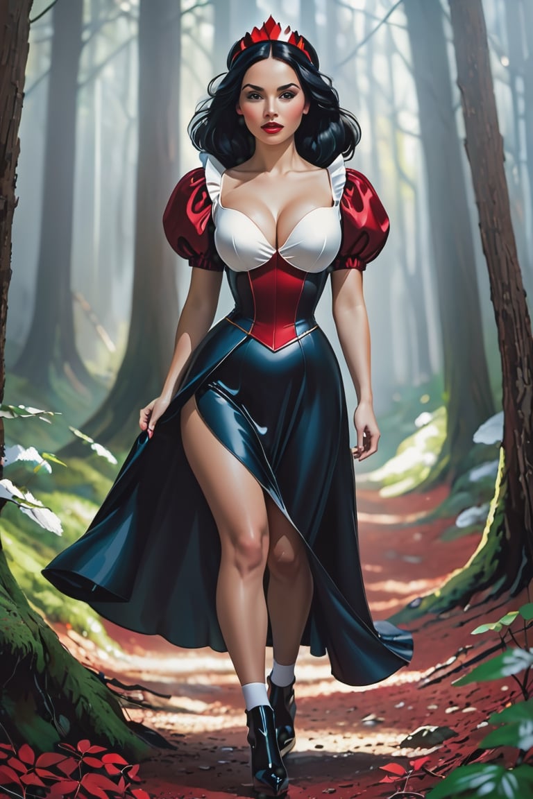 woman as snowwhite in the style of jessica rossier, scott rohlfs, rodenstock imagon 300mm f/5.8, john butler yeats, dark red, very long legs, very short dress, white nylons, black high heels, wavy, strong facial expression in a dark forest, cyberpunk, very large breasts