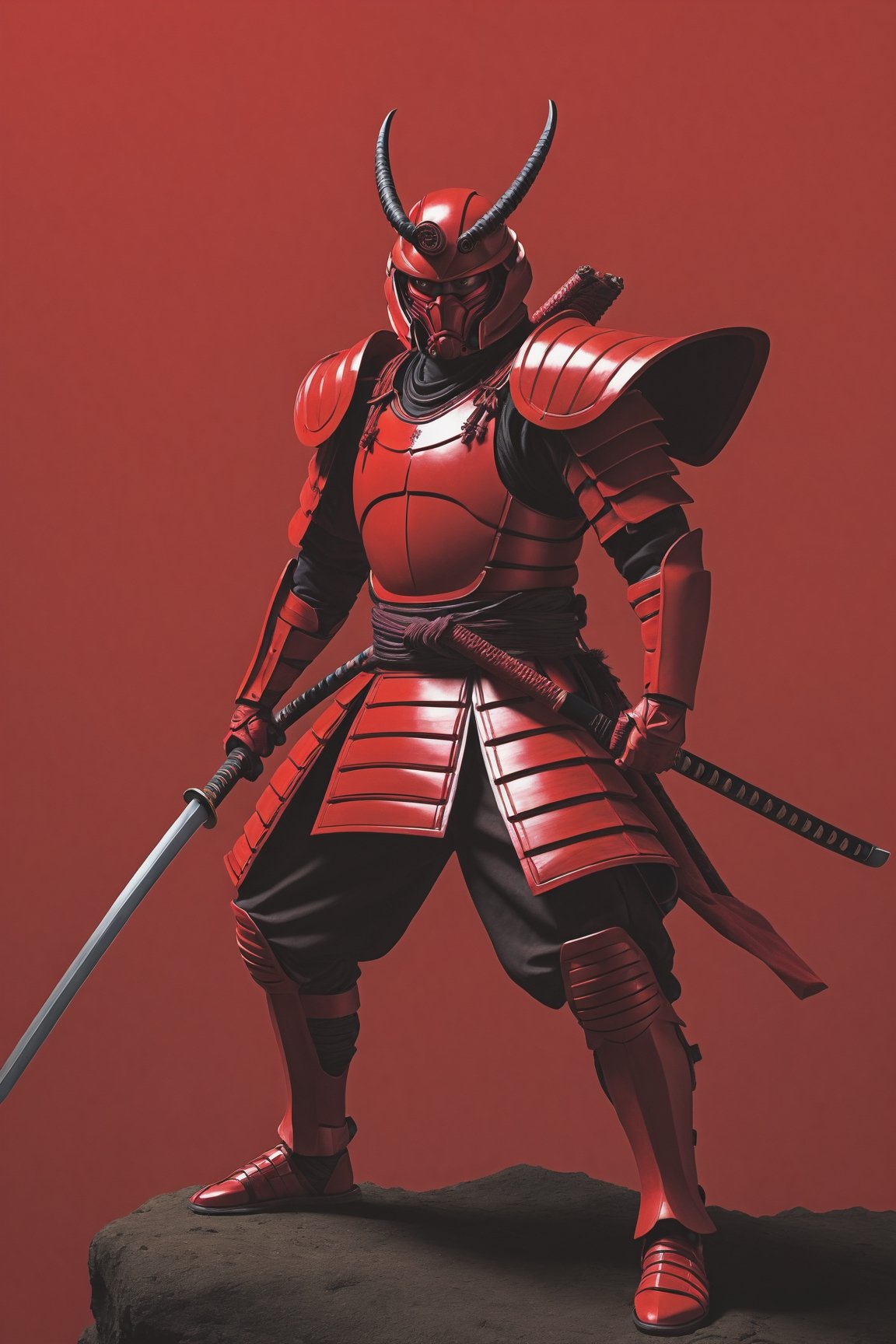 Utlrawide shot Photo realistic image a red samurai with strong body looking like a red hornet, contrasting background,photo r3al