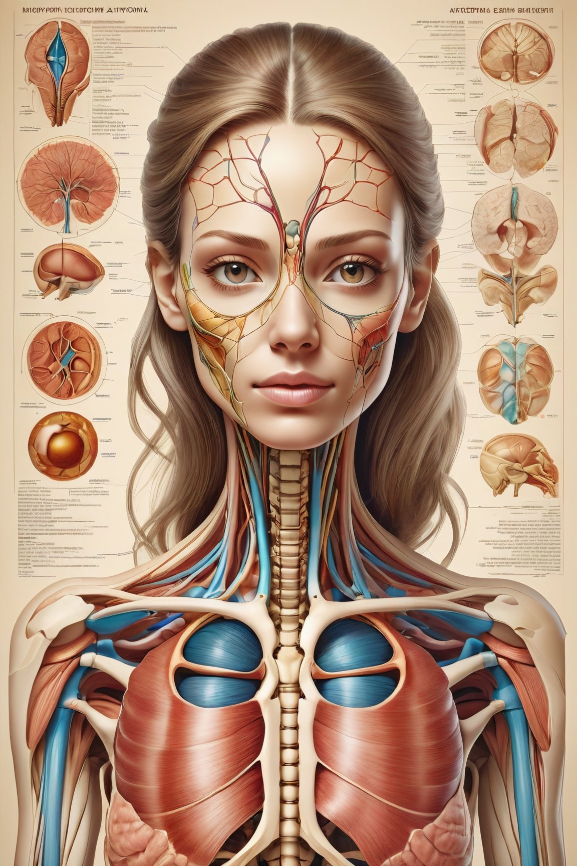 A beautiful, detailed coloured anatomy chart of a Woman. muted coloured ink on light beige paper, diagrams showing biological anatomical details of woman Extreme biological detail, Original eyes, Illustration anatomical poster style, resolution 16k, 3d render, illustration, poster, painting