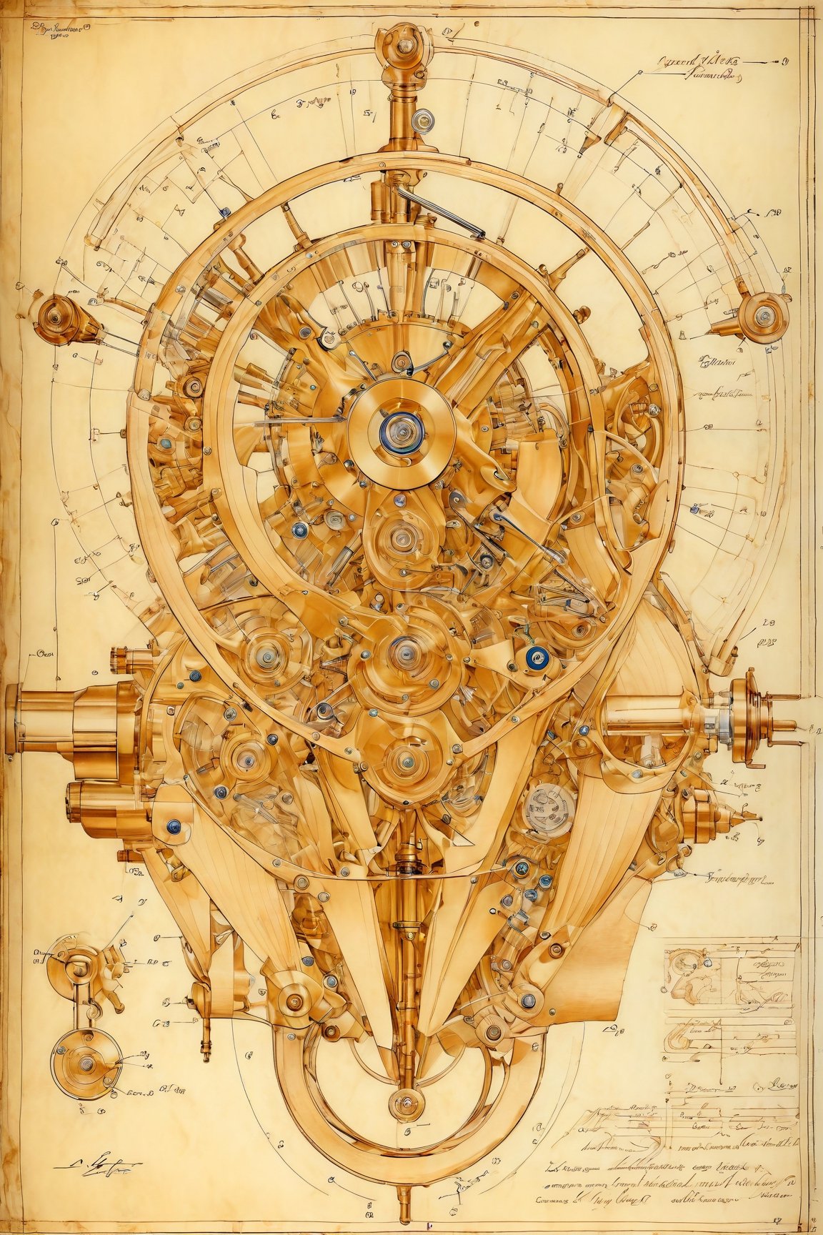 Leonardo DaVinci's art style on the theme of Gaggia Orione Motorcycle Specs and parts on the style of Technical drawing and isometric views, golden ratio,6000,Magical Fantasy style